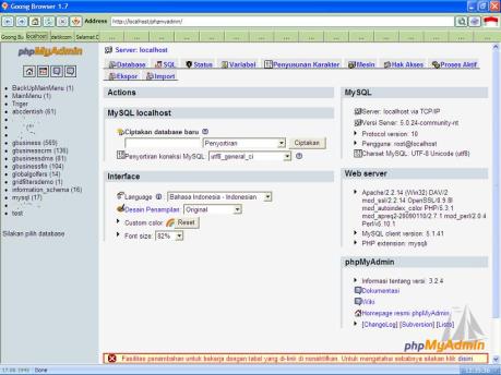 Tampilan PHPMyadmin dalam 9oon9 Browser